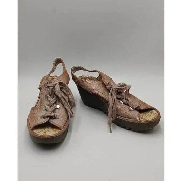FLY London Womens Ylfa Luna Wedge Sandals Pink Peep Toe Mid Heel Lace Up 9.5 - Picture 1 of 6